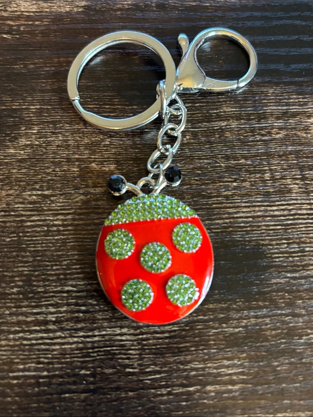 Red‎ and Lime Green Rhinestone Crystal Dot Ladybug Keychain
